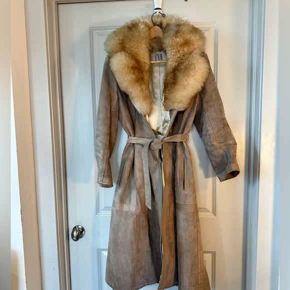 Vintage RARE 70’s Penny Lane Genuine Suede & Fur Belted MIDI Tan Trench Coat,S/M - Picture 10 of 10